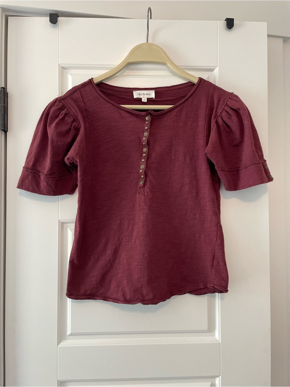 bohme Burgundy Puff-Sleeve Henley Top